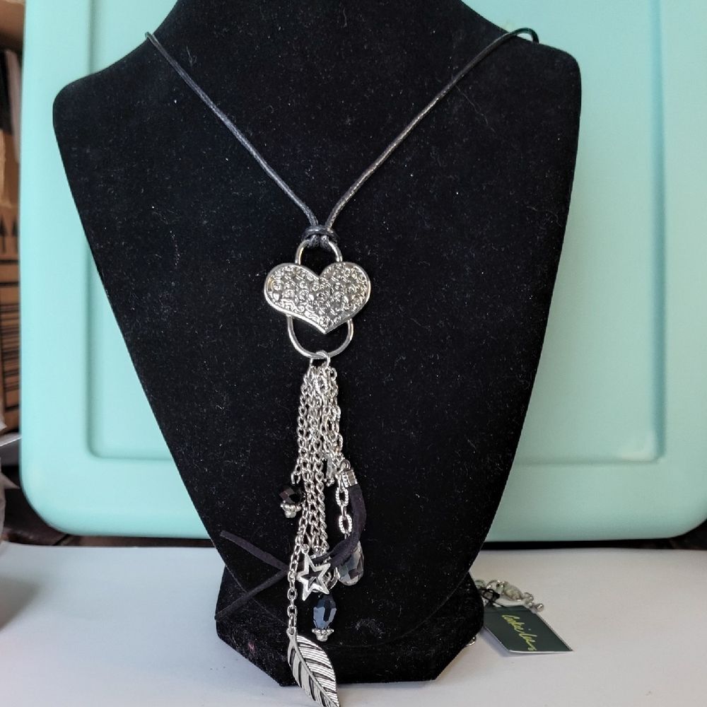 Cookie Lee Sparkling Heart Necklace with Silver and Black